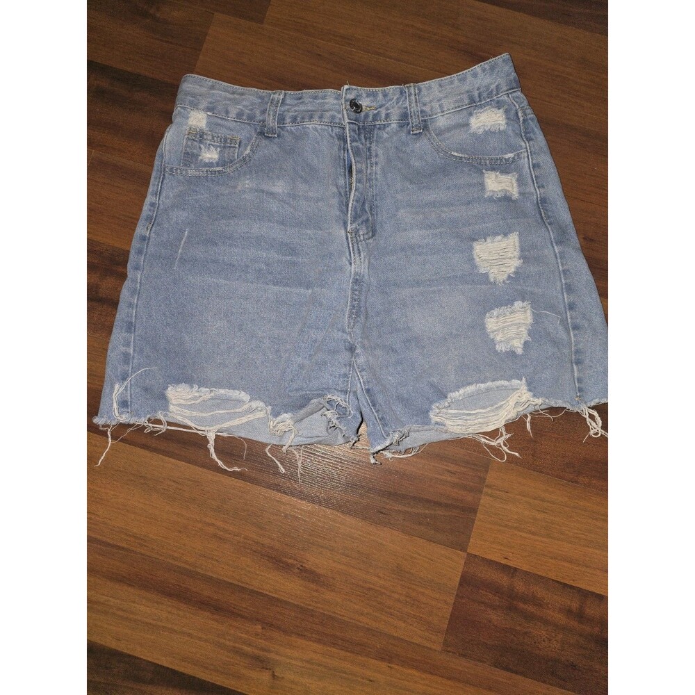 SHEIN Womens L Denim Shorts Distressed Ripped Frayed Hem High Rise Light Wash...